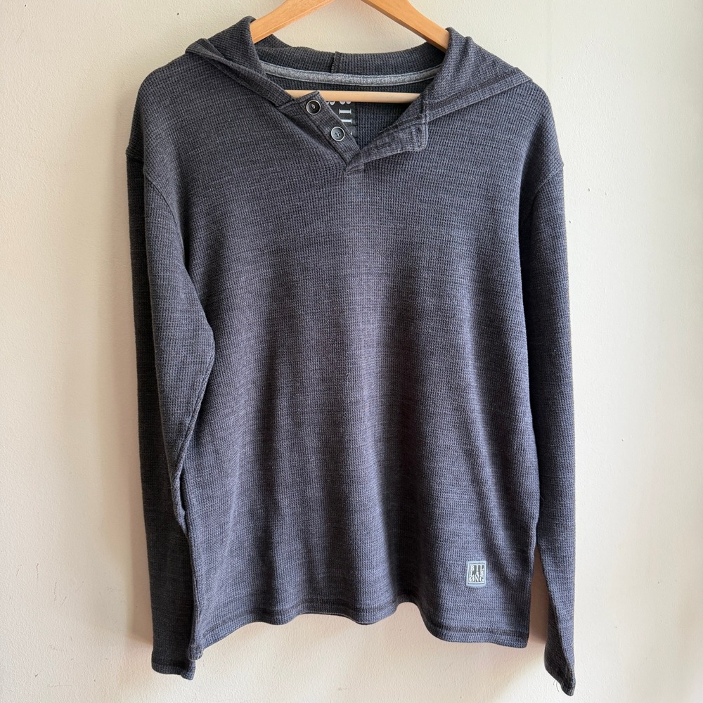Billabong Waffle Knit Thermal Hooded Henley Shirt Charcoal Grey Mens Large